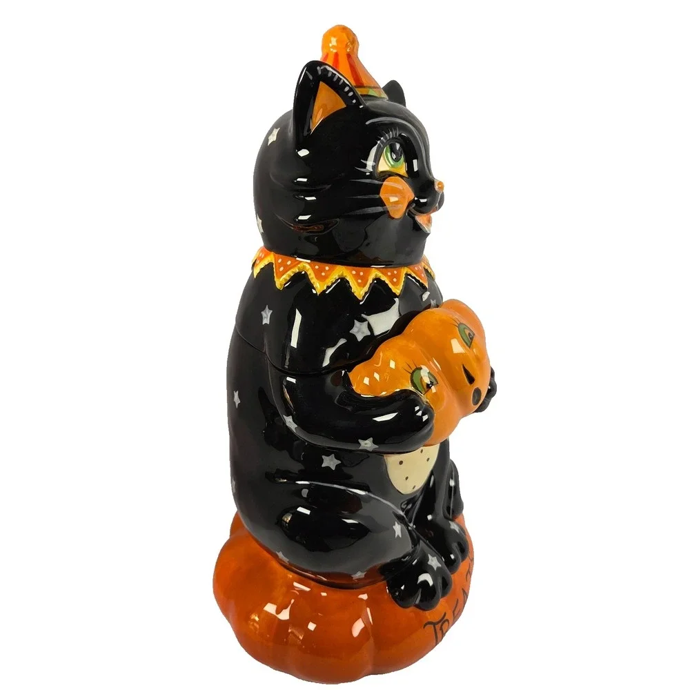 Blue Sky Halloween Black Cat Treat Jar 13 Inch Ceramic Pumpkin Cookie Jar 2025